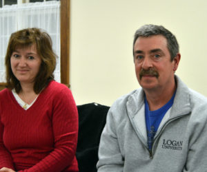 Dresden residents and Forest Hill Cemetery caretakers Sherry and Dan Moody meet with the Dresden Board of Selectmen at Pownalborough Hall on Monday, March 5. (Greg Foster photo)