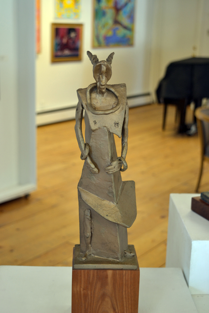 "Woman with Bracelets & Torque," a cast bronze sculpture by Edgecomb artist John Lorence, stands tall at the "Figures & Sculpture" show currently running at River Arts in Damariscotta. (Christine LaPado-Breglia photo)