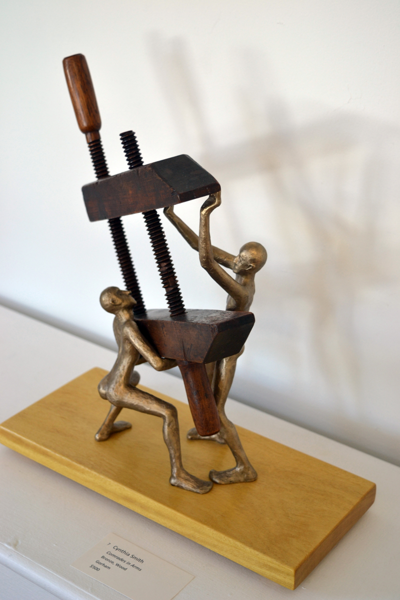 Gorham artist Cynthia Smith's playful "Comrades in Arms," a sculpture made from bronze and wood. (Christine LaPado-Breglia photo)