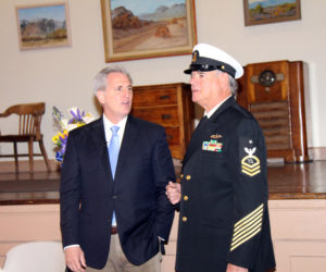 U.S. House of Representatives Majority Leader Kevin McCarthy and U.S. Navy veteran John Abbott prior to the ceremony at the Historic USO building Friday, March 2. (Jessica Weston photo/Daily Independent)