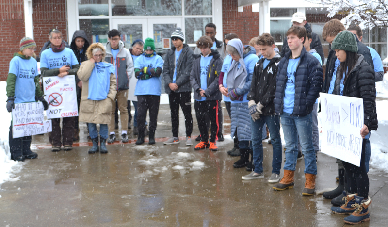 Community members and Lincoln Academy students participate in 17 minutes of silent protest in remembrance of the 17 individuals killed in the shooting at Marjory Stoneman Douglas High School in Parkland, Fla. (Maia Zewert photo)