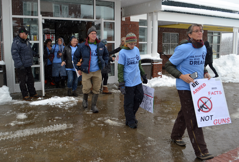 Community members participate in a walkout at Lincoln Academy the morning of Wednesday, March 14. (Maia Zewert photo)