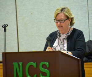 Nobleboro Town Clerk Susan Pinnetti-Isabel reads the election results at town meeting Saturday, March 17. (Alexander Violo photo)