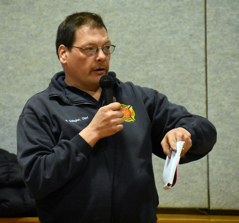 Nobleboro Fire Chief Ryan Gallagher discusses plans to expand the Route 1 fire station during town meeting at Nobleboro Central School on Saturday, March 17. (Alexander Violo photo)