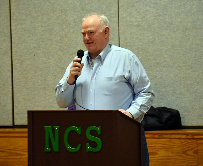 Nobleboro Board of Selectmen Chair Dick Spear urges volunteers to join the town's fire department and municipal committees at the conclusion of town meeting Saturday, March 17. (Alexander Violo photo)