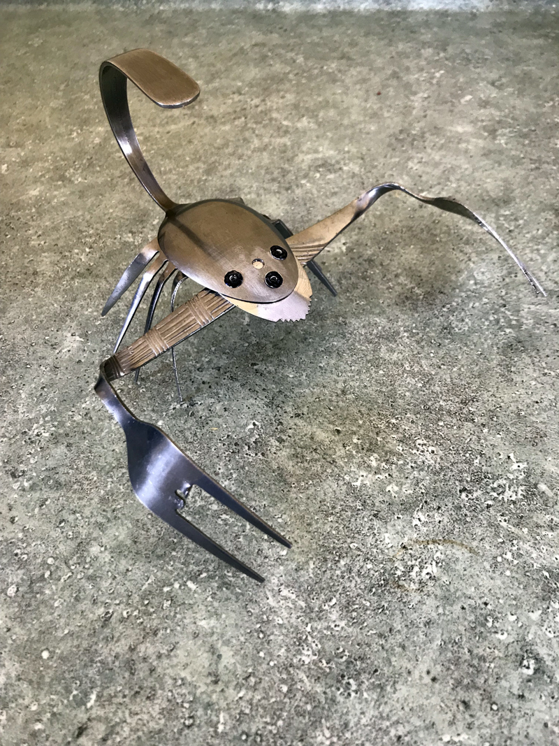 A reclaimed metal sculpture by a student in Leslie Wicks class at Damariscotta Montessori School.