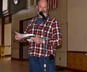 Whitefield Fire Chief Scott Higgins explains an increase in the fire department's budget during annual town meeting Saturday, March 17. (Greg Foster photo)