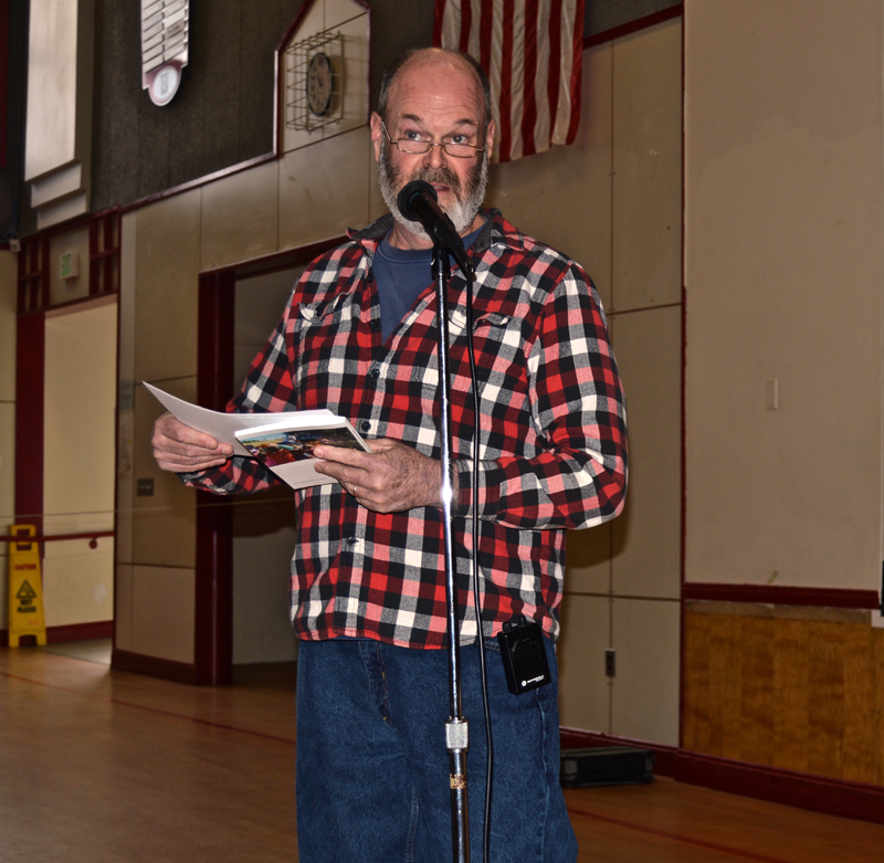 Whitefield Fire Chief Scott Higgins explains an increase in the fire department's budget during annual town meeting Saturday, March 17. (Greg Foster photo)