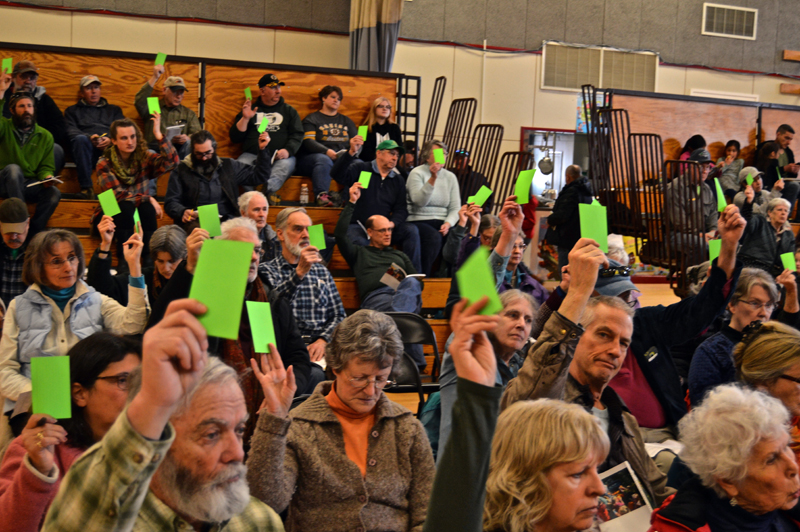 A majority of voters pass an article during Whitefield's annual town meeting in the Whitefield Elementary School gymnasium Saturday, March 17. (Greg Foster photo)