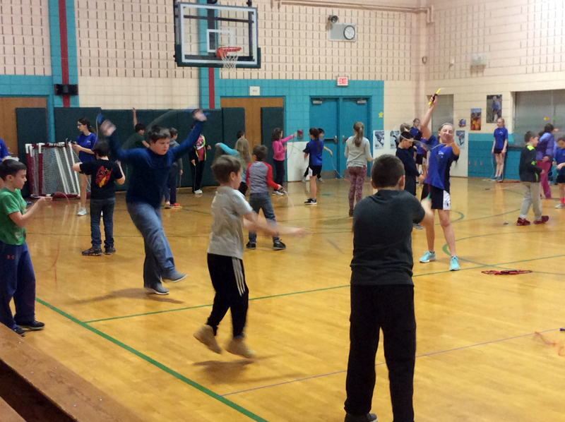 The Bristol Consolidated School jump rope team offered a demonstration for students at Nobleboro Central School on March 20. NCS children later learned new skills from the team and coach Chris Perry.