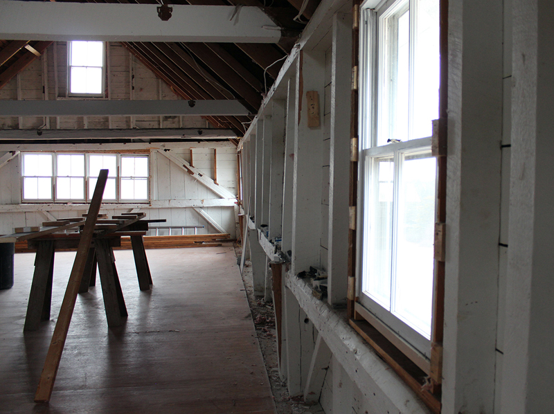 Interior demolition at DRAs Round Top Farm has exposed the side walls of the barn which, without proper bracing, lean at various angles. This and other structural defects and damage has made it necessary to remove the barn altogether and construct a new addition.