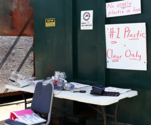 A display at the Nobleboro-Jefferson Transfer Station provides examples of which #1 plastics it accepts for recycling and which it does not. (Jessica Picard photo)