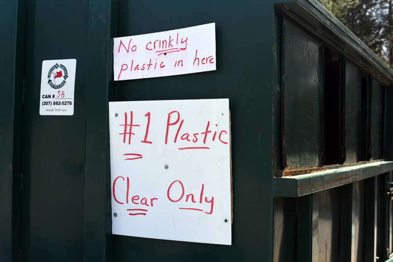 A sign on a recycling container at the Nobleboro-Jefferson Transfer Station directs station users to place only clear #1 plastic in the container. (Jessica Picard photo)