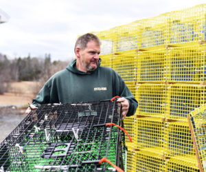 Mike Prior, manager of Sea Rose Trap Co.'s new Bristol location, works on lobster traps Wednesday, April 18. (Jessica Picard photo)