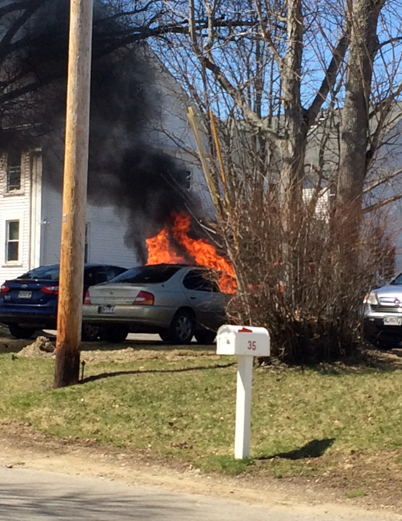 A car in flames on Hodgdon Street in Damariscotta on Monday, April 23. (Photo courtesy Mark Bailey)