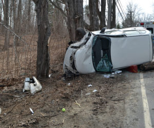 A driver sustained severe lacerations after a car accident near the entrance to LincolnHealth's Miles Campus on Bristol Road in Damariscotta the afternoon of Tuesday, April 3. (Maia Zewert photo)