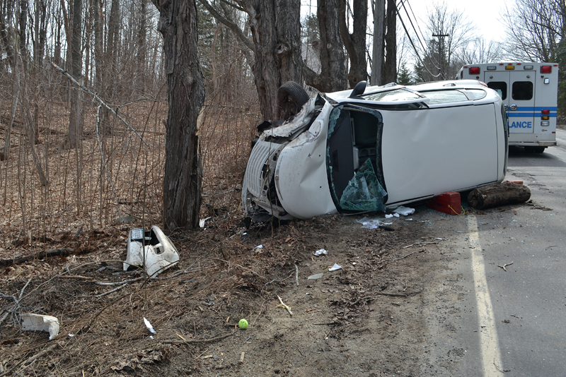 A driver sustained severe lacerations after a car accident near the entrance to LincolnHealth's Miles Campus on Bristol Road in Damariscotta the afternoon of Tuesday, April 3. (Maia Zewert photo)