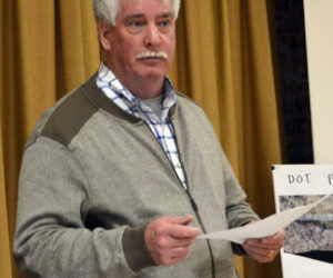 Edgecomb Budget Committee Chair Jack Brennan talks about the town's budget process during a forum at the town hall Monday, April 2. (Maia Zewert photo)