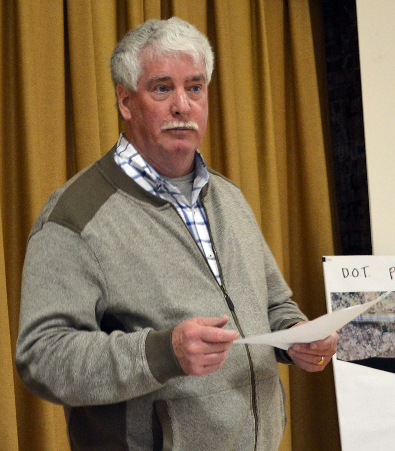 Edgecomb Budget Committee Chair Jack Brennan talks about the town's budget process during a forum at the town hall Monday, April 2. (Maia Zewert photo)