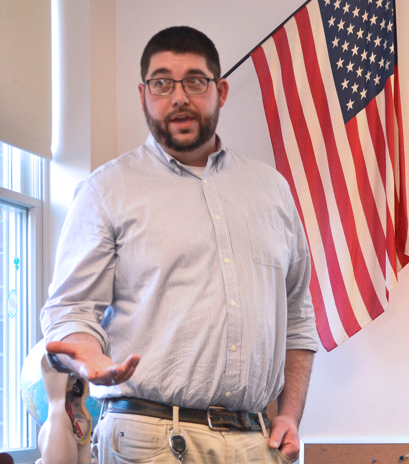 Edgecomb Eddy School Principal Ira Michaud talks about the school's enrollment during a presentation of Edgecomb's 2018-2019 education budget at the school Wednesday, March 28. (Maia Zewert photo)