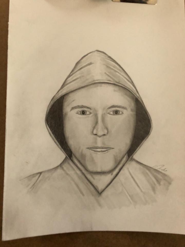 A sketch of the male suspect involved in a home invasion on Center Street in Nobleboro the morning of Monday, April 16.
