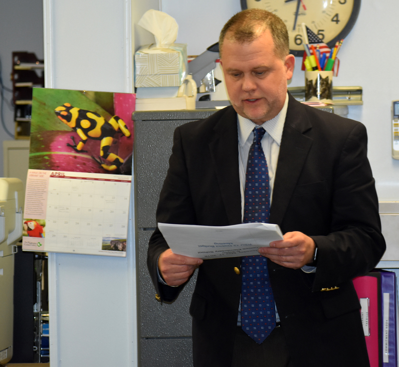 RSU 12 Superintendent Howard Tuttle discusses the school district's draft budget with the Somerville Board of Selectmen on Wednesday, April 4. (Alexander Violo photo)