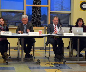 From left: RSU 12 Board of Directors Vice Chair Sandra Devaney, of Palermo; Board Chair Jerry Nault, of Windsor; Superintendent Howard Tuttle; and Administrative Assistant Leslie Burgess attend the board's meeting at Chelsea Elementary School on Thursday, April 12. (Christine LaPado-Breglia photo)