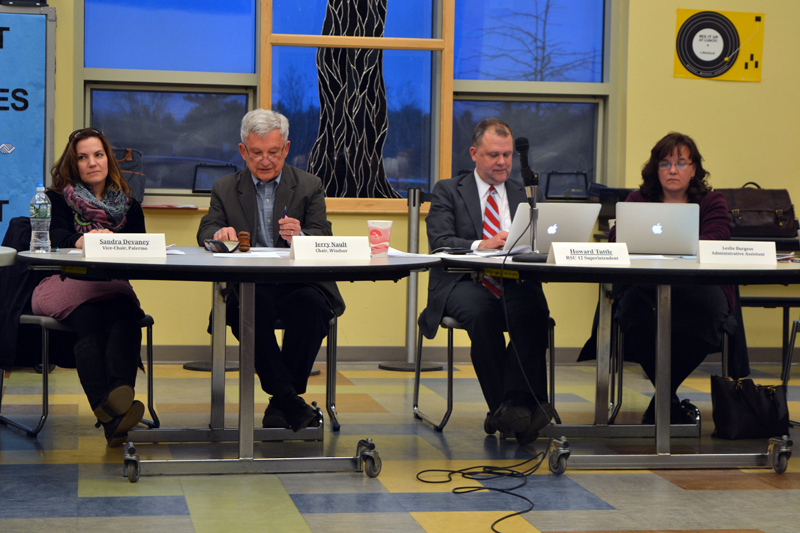 From left: RSU 12 Board of Directors Vice Chair Sandra Devaney, of Palermo; Board Chair Jerry Nault, of Windsor; Superintendent Howard Tuttle; and Administrative Assistant Leslie Burgess attend the board's meeting at Chelsea Elementary School on Thursday, April 12. (Christine LaPado-Breglia photo)