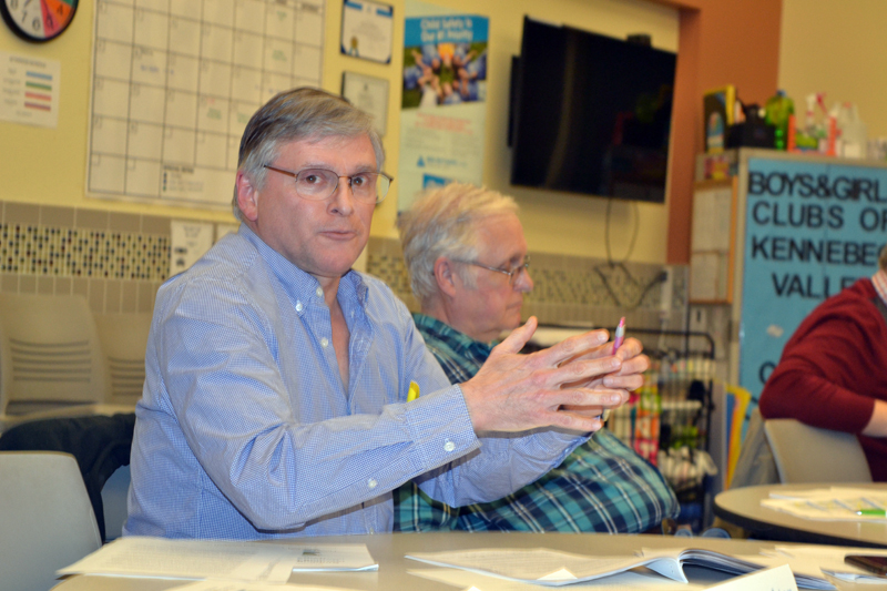 From left: RSU 12 Board of Directors member Christopher Johnson, of Somerville, addresses the audience at the board's meeting Thursday, April 12 as board member Tom Birmingham, of Windsor, looks on. (Christine LaPado-Breglia photo)