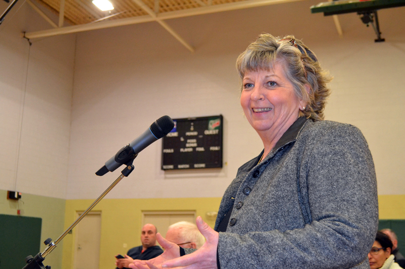 Wiscasset business owner Patty Averill tells attendees of the public hearing to be happy, as the town will get through the issue. (Charlotte Boynton photo)