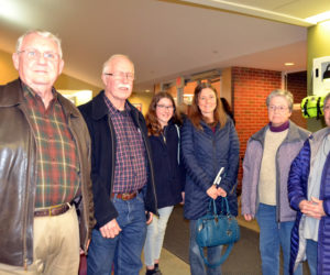 Members of the pro-Option 2 Wiscasset Thinks Forward coalition gather at the Wiscasset Community Center to hear the results of the referendum Tuesday, April 17. From left: Bill Maloney, Dick Zieg, Julie Truesdell, Tina Truesdell, Nancy Roby, and Judy Flanagan. (Charlotte Boynton photo)