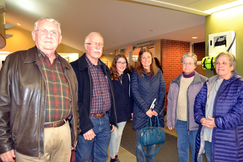 Members of the pro-Option 2 Wiscasset Thinks Forward coalition gather at the Wiscasset Community Center to hear the results of the referendum Tuesday, April 17. From left: Bill Maloney, Dick Zieg, Julie Truesdell, Tina Truesdell, Nancy Roby, and Judy Flanagan. (Charlotte Boynton photo)