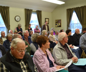 There was standing room only at the Wiscasset Board of Selectmen's meeting Tuesday, April 24, the first meeting after the vote to stop the town's lawsuit against the Maine Department of Transportation. (Charlotte Boynton photo)