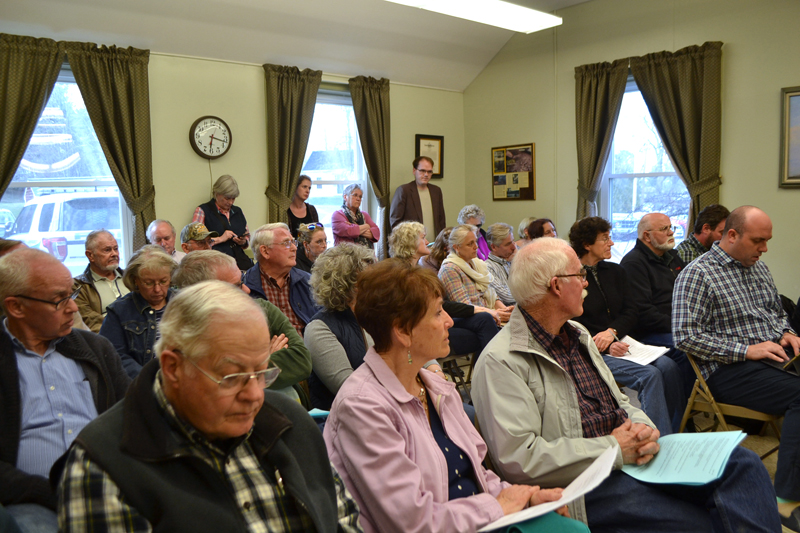 There was standing room only at the Wiscasset Board of Selectmen's meeting Tuesday, April 24, the first meeting after the vote to stop the town's lawsuit against the Maine Department of Transportation. (Charlotte Boynton photo)