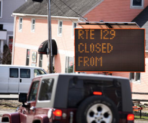 A digital sign in Newcastle informs motorists that "Route 129" will be closed from 6 p.m., Tuesday, April 24 to 6 a.m., Thursday, April 26. The closure is of a section of Bristol Road in Damariscotta between School Street and Main Street. (Jessica Picard photo)