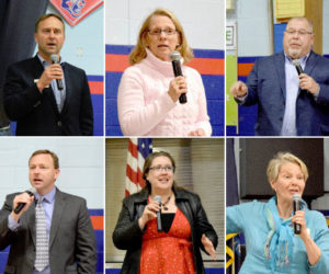 Democratic candidates for governor speak during a forum at Great Salt Bay Community School in Damariscotta on Saturday, May 12. Top from left: Adam Cote, Donna Dion, and state Sen. Mark Dion. Bottom from left: Mark Eves, Diane Russell, and Betsy Sweet. (J.W. Oliver photos)