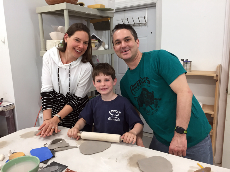 From left: Nicole, Spencer, and Ben Brown roll out clay for a "push plate" at Neighborhood Clay in Damariscotta on Saturday, May 5 during Maine Pottery Tour. (Photo courtesy Liz Proffetty)