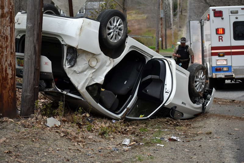 A two-vehicle collision on Upper East Pond Road in Nobleboro occurred when a Toyota Prius attempted to avoid a collision with a Dodge Stratus entering the road Sunday, May 6. (Alexander Violo photo)