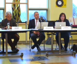 From left: RSU 12 Board of Directors Chair Jerry Nault, Superintendent Howard Tuttle, and Administrative Assistant Leslie Burgess attend a board meeting at Chelsea Elementary School on Thursday, May 10. (Christine LaPado-Breglia photo)