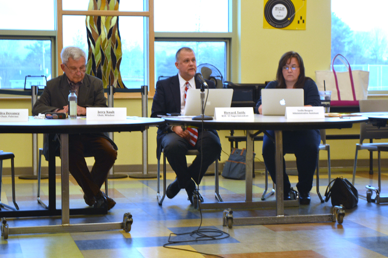 From left: RSU 12 Board of Directors Chair Jerry Nault, Superintendent Howard Tuttle, and Administrative Assistant Leslie Burgess attend a board meeting at Chelsea Elementary School on Thursday, May 10. (Christine LaPado-Breglia photo)