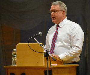 RSU 40 Superintendent Steve Nolan discusses the district's 2018-2019 budget during the budget-adoption meeting at Medomak Valley High School in Waldoboro on Tuesday, May 15. (Alexander Violo photo)