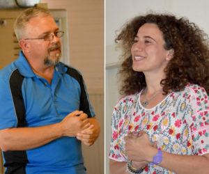 Alan Plummer and Chloe Maxmin, candidates for the Democratic primary in Maine House District 88, address the audience during a forum at the Kings Mills Union Hall on Thursday, May 24. (Alexander Violo photos)