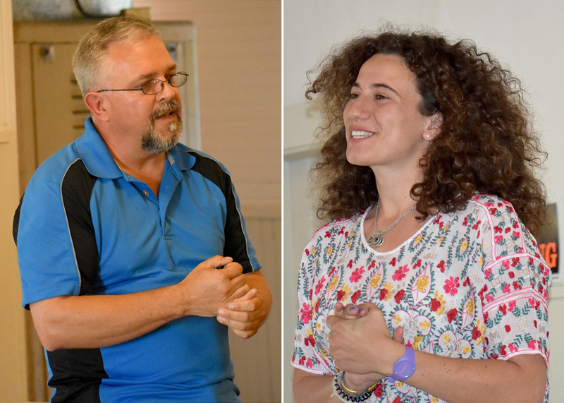 Alan Plummer and Chloe Maxmin, candidates for the Democratic primary in Maine House District 88, address the audience during a forum at the Kings Mills Union Hall on Thursday, May 24. (Alexander Violo photos)