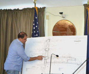 Maine Department of Transportation Project Manager Ernie Martin shows the public advisory committee and the public the DOT's plan for traffic signals on Main Street in Wiscasset. (Charlotte Boynton photo)