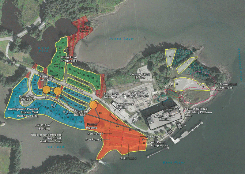 A map from Ransom Consulting Inc. shows the four lots (in orange) the town of Wiscasset will clean up with grants from the Environmental Protection Agency.