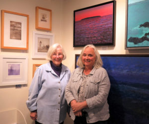 Kay Miller ( eft) welcomes Alice de Mauriac to Saltwater Artists Gallery.