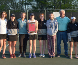 2018 KVAC Class B girls tennis champions, the Lincoln Academy Lady Eagles. Team members are (fromt left) Fiona Liang, Harmony Ingham, Sandra Thelander, Caitlin Cass, Emily Harris, Kate Peters, May Halm, coach Charlie Scimone, Anastasiya Oliver, and assistant coach Liliana Thelander. (Paula Roberts photo)