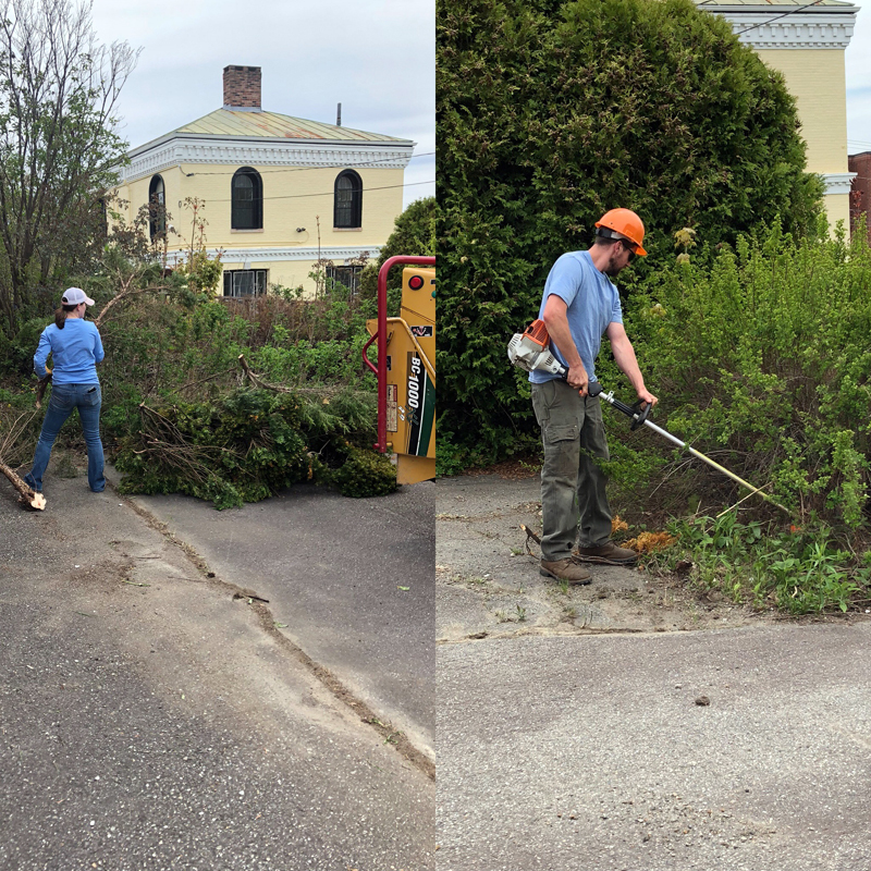 Shannon and Amanda Mahan from Mac Tree Service in Pemaquid clean up the Waldo Theatre grounds.