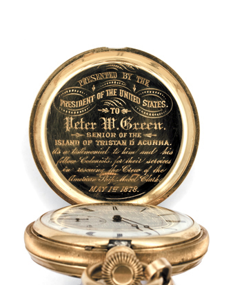 The gold pocket watch awarded by President Rutherford B. Hayes to Peter W. Green, the chief islander at the time. (Photo courtesy Peter Millington)