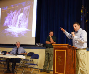 Joe McLean, of the engineering firm Wright-Pierce, speaks during a public hearing about the Bristol Mills Dam at Bristol Consolidated School on Wednesday, June 20. (Jessica Picard photo)